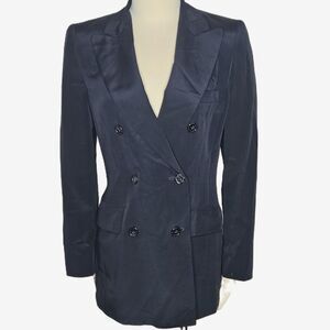 Linda Allard Ellen Tracy 100% Silk Double Breasted Blazer Navy Blue Size 4